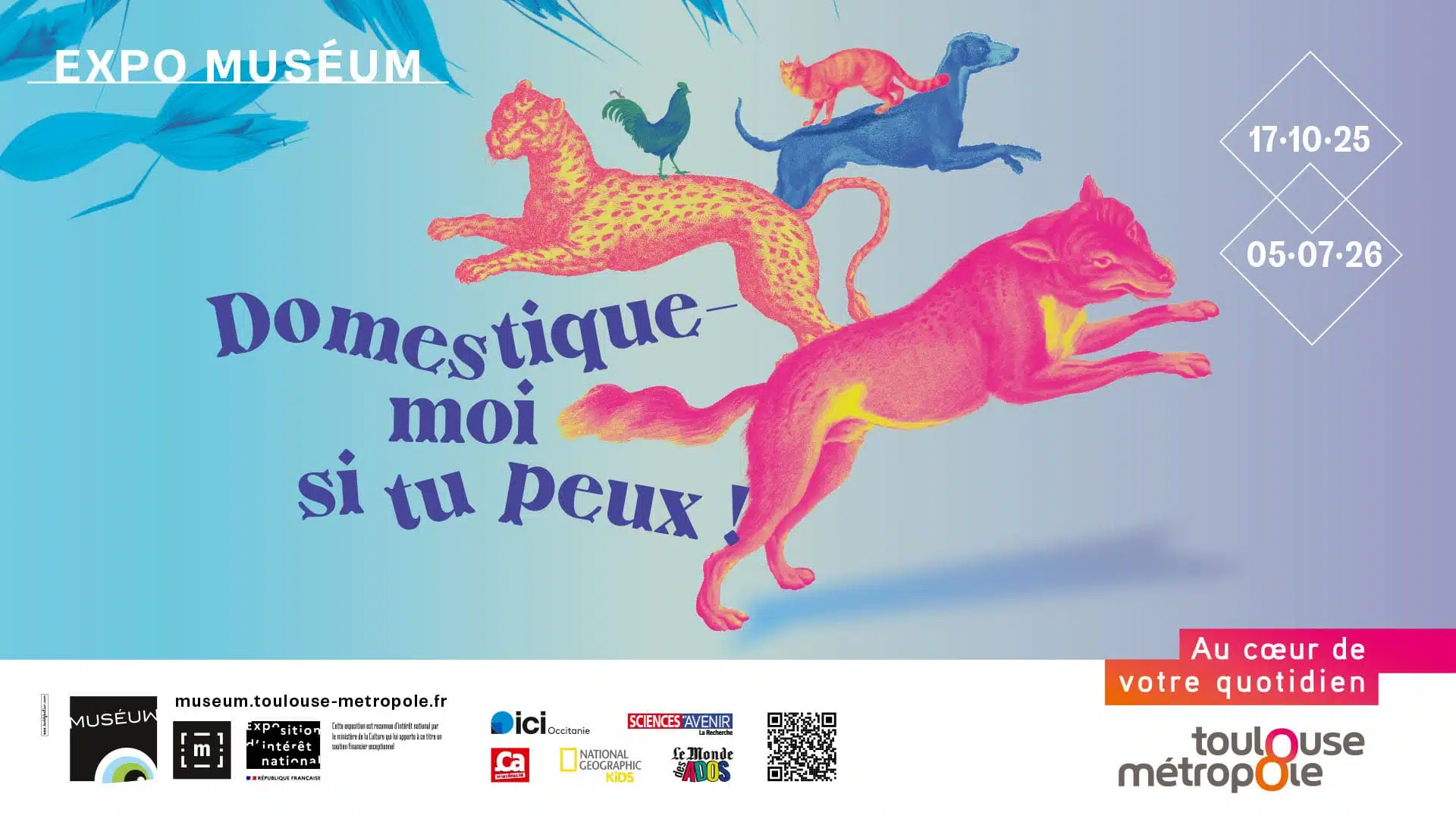 exposition domestique moi si tu peux ! au muséum de toulouse affiche sciences naturelles, ethnologie, archéologie, histoire ,génétique