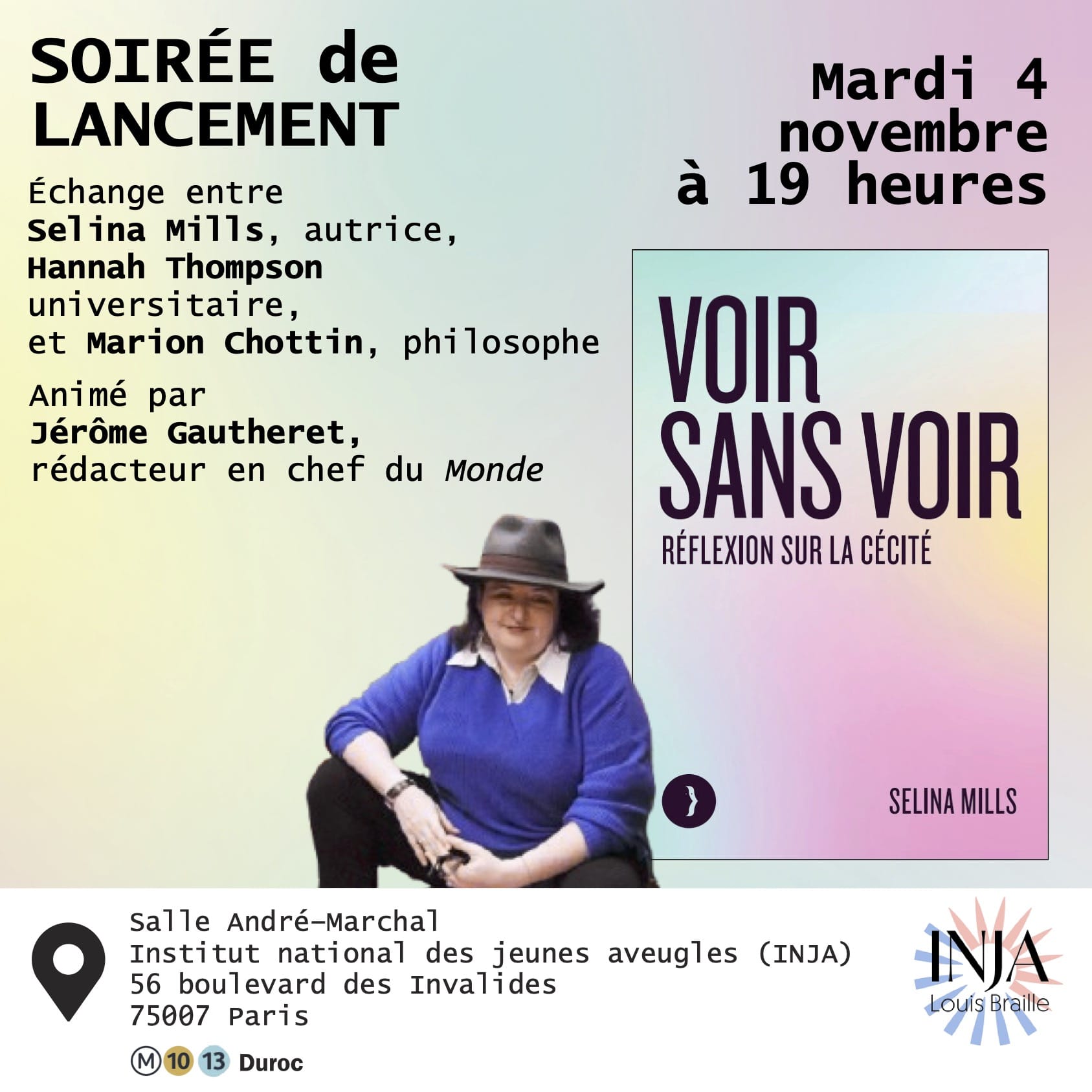 soirée de lancement du livre voir sans voir de selina mills affiche littérature